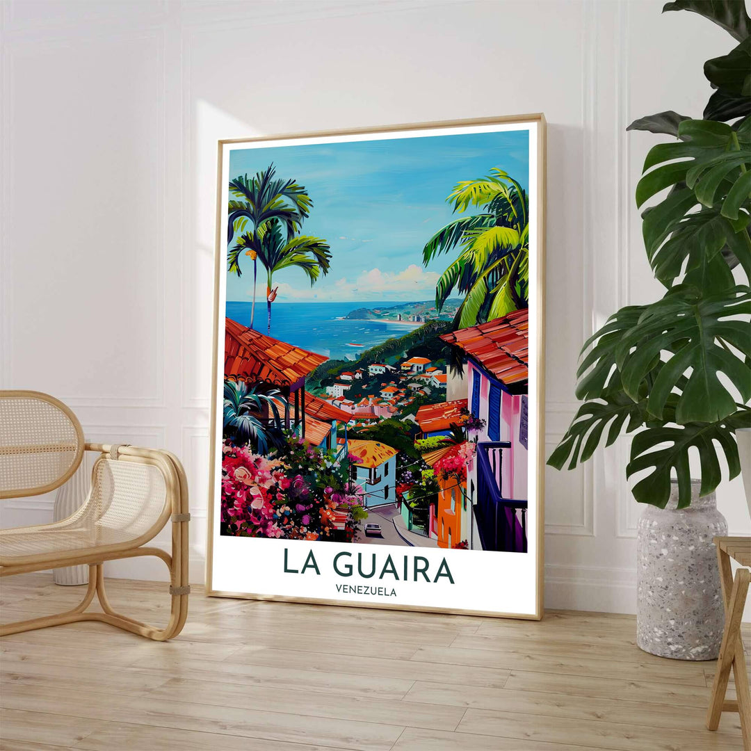 Vibrant Caribbean beach town wall art depicting colonial pastel buildings, blooming bougainvillea, and tropical palm fronds in La Guaira, Venezuela. Available through MapYourDreams, customers can select from fine art paper, handcrafted timber frames, or stretched canvas options.