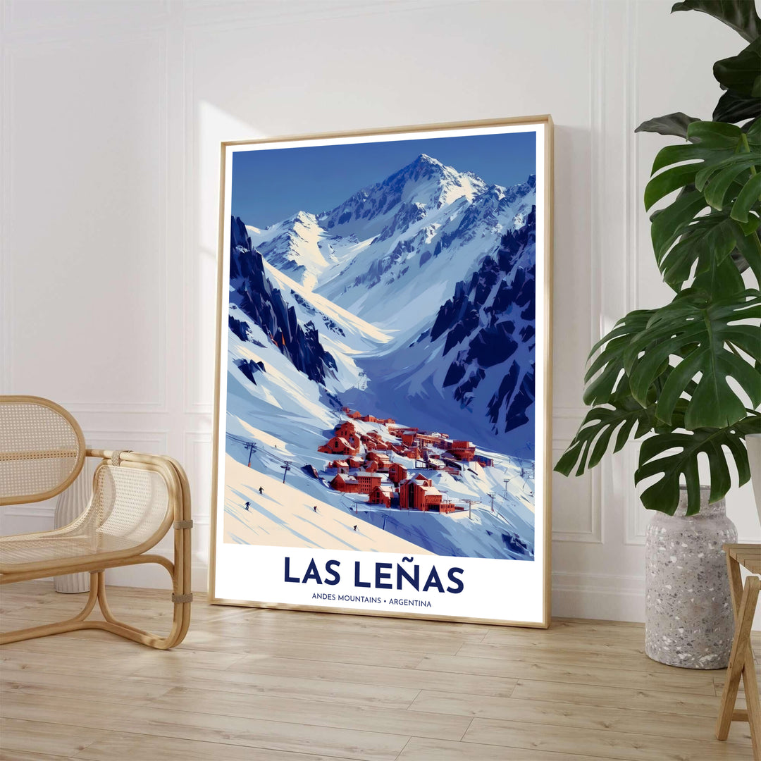 Winter sports mountain wall decor depicting the high-altitude powder trails and alpine village of Las Leñas under a blue sky. Available through MapYourDreams, customers can select from fine art paper, handcrafted timber frames, or stretched canvas options.
