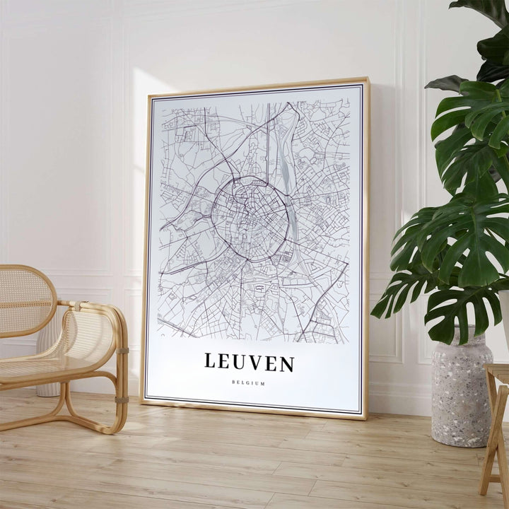 Crisp monochrome cartography poster displaying the roads and transit avenues of Leuven, Belgium. Available from MapYourDreams in various choices like standalone unframed paper, tailored wooden frames, and gallery-wrapped canvas options.