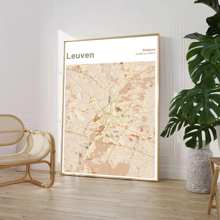 Earthy sand and clay cartography poster displaying the roads and transit avenues of Leuven, Belgium. Available from MapYourDreams in various choices like standalone unframed paper, tailored wooden frames, and gallery-wrapped canvas options.