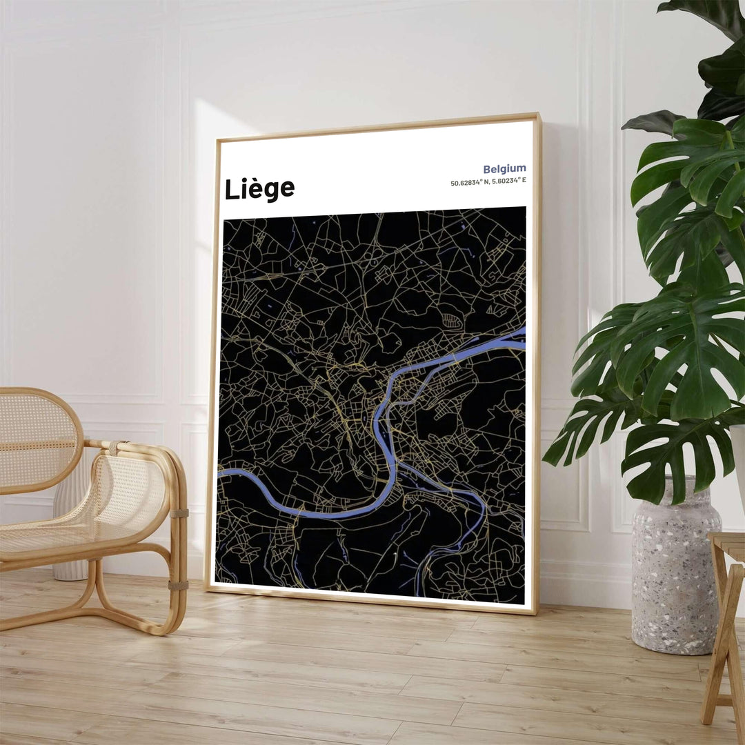 Sleek black background cartography poster displaying the gold roads and blue river pathways of Liège, Belgium. Available from MapYourDreams in various choices like standalone unframed paper, tailored wooden frames, and gallery-wrapped canvas options.