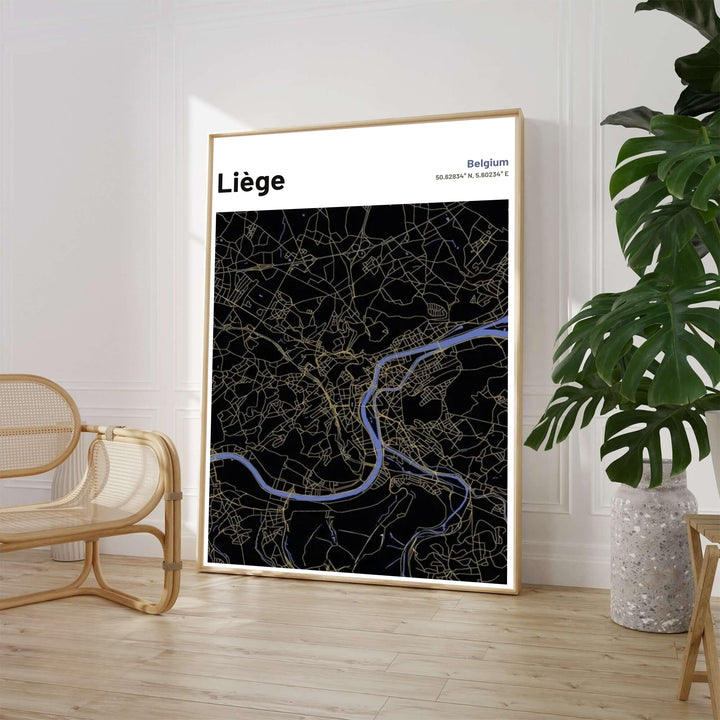 Sleek black background cartography poster displaying the gold roads and blue river pathways of Liège, Belgium. Available from MapYourDreams in various choices like standalone unframed paper, tailored wooden frames, and gallery-wrapped canvas options.
