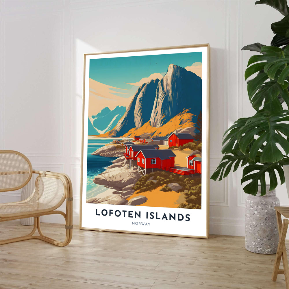 Scenic Arctic village landscape featuring traditional Norwegian fishing cabins perched along calm fjord waters in Lofoten Islands Norway under a clear sky. Perfect as a statement wall decor piece, this travel illustration offers flexible options including custom wood framed artwork, gallery canvas wraps, and archival unframed prints.