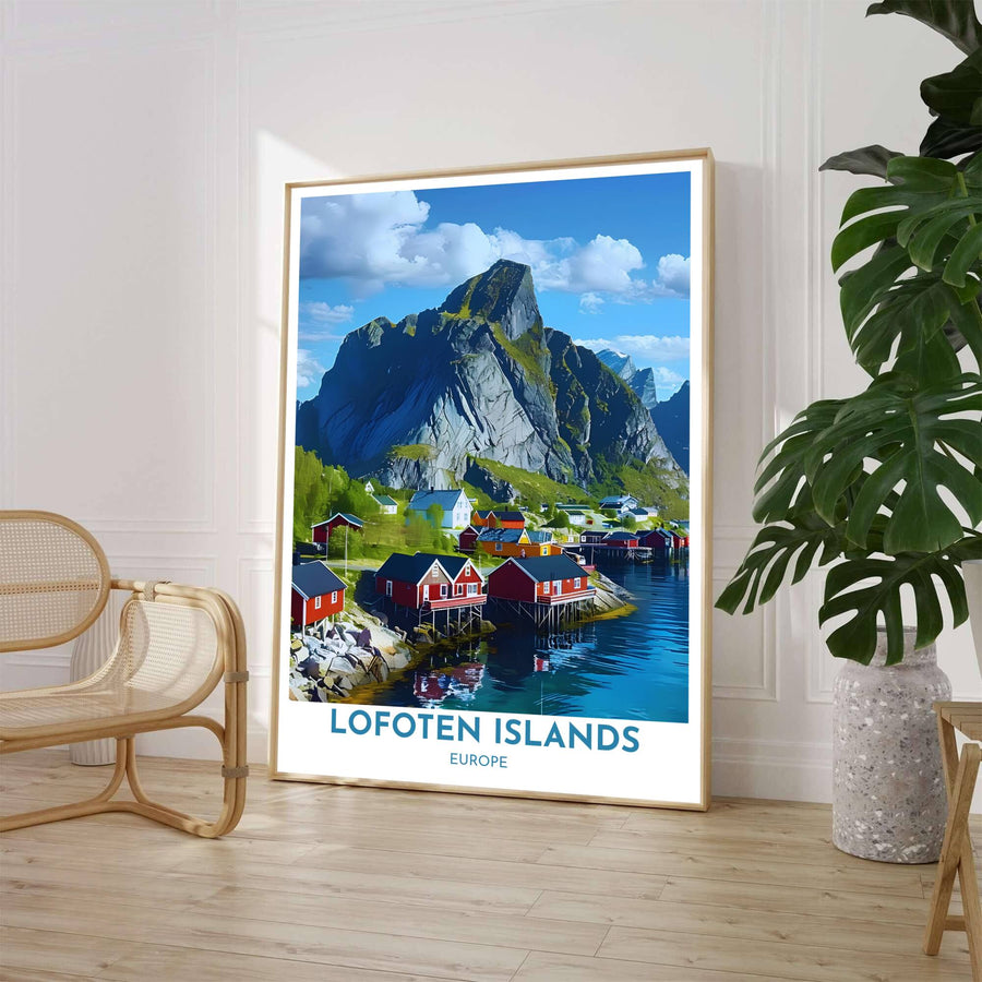 High-contrast travel poster of Hamnoy Lofoten Islands showing red wooden cabins along the rocky fjord shore mirrored in calm water. Crafted by MapYourDreams, this artwork is available in flexible options including unframed paper, custom wooden frames, and gallery canvas wraps to suit your wall decor.