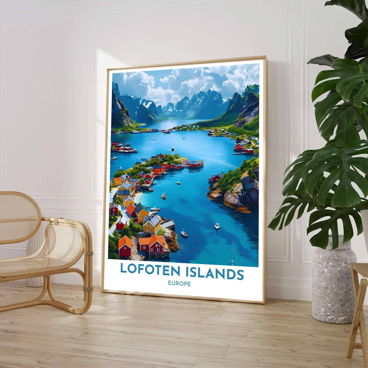 High-clarity landscape poster of Henningsvaer Lofoten Islands featuring colorful red and yellow wooden cabins along clear water channels. Crafted by MapYourDreams, this artwork is available in flexible options including unframed paper, custom wooden frames, and gallery canvas wraps to suit your wall decor.