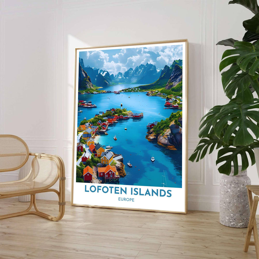 High-clarity landscape poster of Henningsvaer Lofoten Islands featuring colorful red and yellow wooden cabins along clear water channels. Crafted by MapYourDreams, this artwork is available in flexible options including unframed paper, custom wooden frames, and gallery canvas wraps to suit your wall decor.