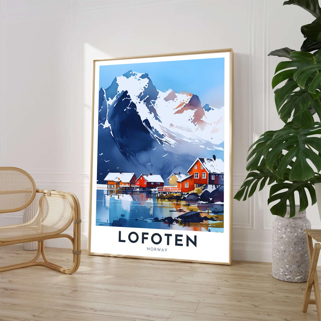 Scenic Arctic landscape featuring traditional Norwegian red fishing huts reflecting across calm waters in Lofoten Norway under soft mountain shadows. Perfect as a focal wall decor piece, this travel illustration offers flexible presentation styles including custom wood framed artwork, gallery canvas wraps, and archival unframed prints.
