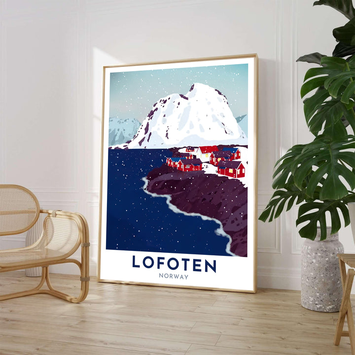 Snowy Arctic coastal landscape showing red fishing huts nestled along the water in Lofoten Norway during a gentle snowstorm. Perfect as a primary wall decor centerpiece, this travel illustration offers flexible options including custom wood framed artwork, gallery canvas wraps, and archival unframed prints.