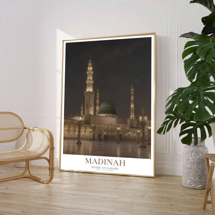 High definition photo print of the Prophet Mosque in Madinah at night showing illuminated minarets and polished marble floor reflections. Crafted by MapYourDreams, this artwork is available in flexible options including unframed paper, custom wooden frames, and gallery canvas wraps to suit your wall decor.