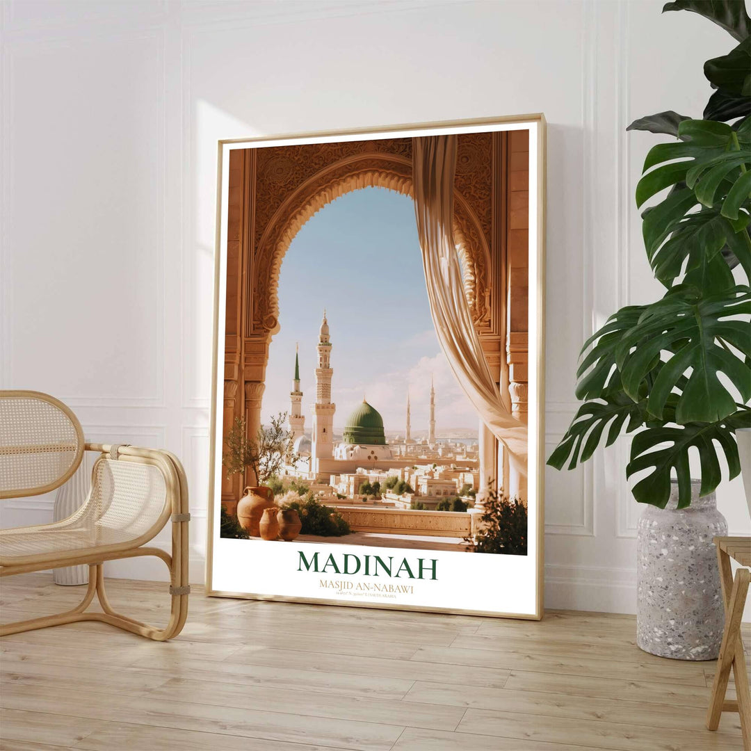 Fine art painting poster of Madinah Prophet Mosque showing the Green Dome and minarets framed by sheer curtains and terracotta urns. Crafted by MapYourDreams, this artwork is available in flexible options including unframed paper, custom wooden frames, and gallery canvas wraps to suit your wall decor.