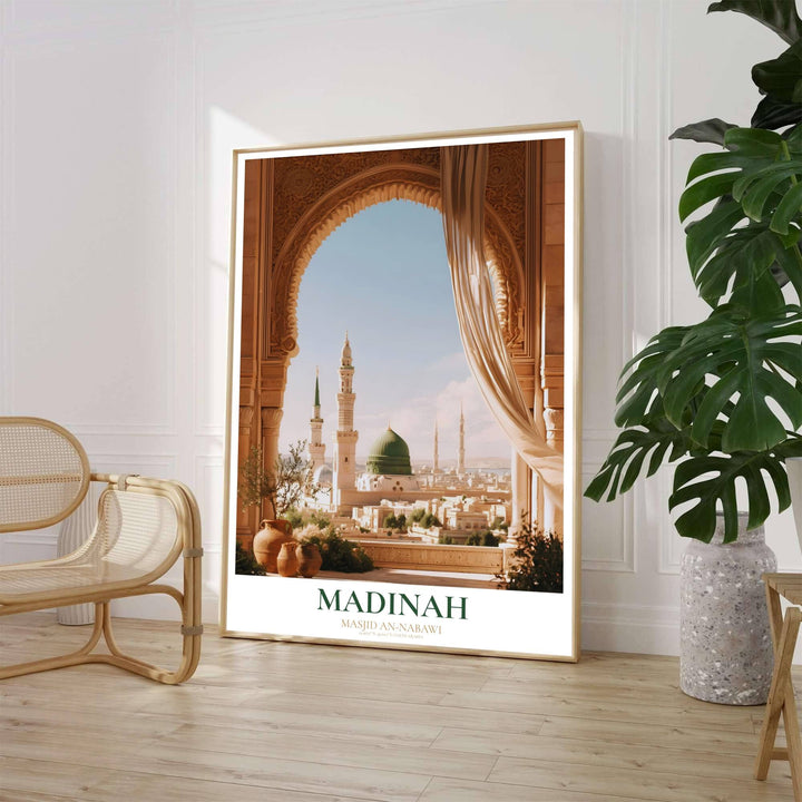 Fine art painting poster of Madinah Prophet Mosque showing the Green Dome and minarets framed by sheer curtains and terracotta urns. Crafted by MapYourDreams, this artwork is available in flexible options including unframed paper, custom wooden frames, and gallery canvas wraps to suit your wall decor.
