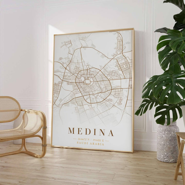 High detail vector street map print of Medina Saudi Arabia displaying ring roads and urban layout in brushed gold tones. Crafted by MapYourDreams, this artwork is available in flexible options including unframed paper, custom wooden frames, and gallery canvas wraps to suit your wall decor.