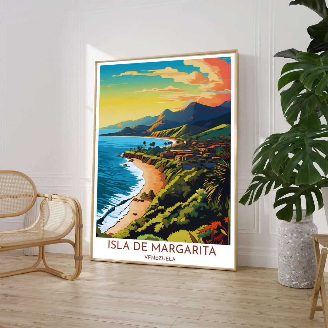 Tropical Caribbean beach landscape wall art depicting the winding coastline and mountain vistas of Isla de Margarita, Venezuela. Available through MapYourDreams, customers can select from fine art paper, handcrafted timber frames, or stretched canvas options.