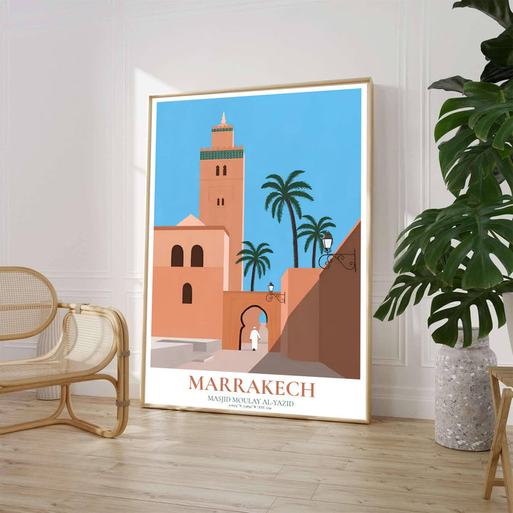High contrast travel poster of Masjid Moulay al Yazid in Marrakech Morocco featuring warm clay archways and swaying palm silhouettes. Crafted by MapYourDreams, this artwork is available in flexible options including unframed paper, custom wooden frames, and gallery canvas wraps to suit your wall decor.