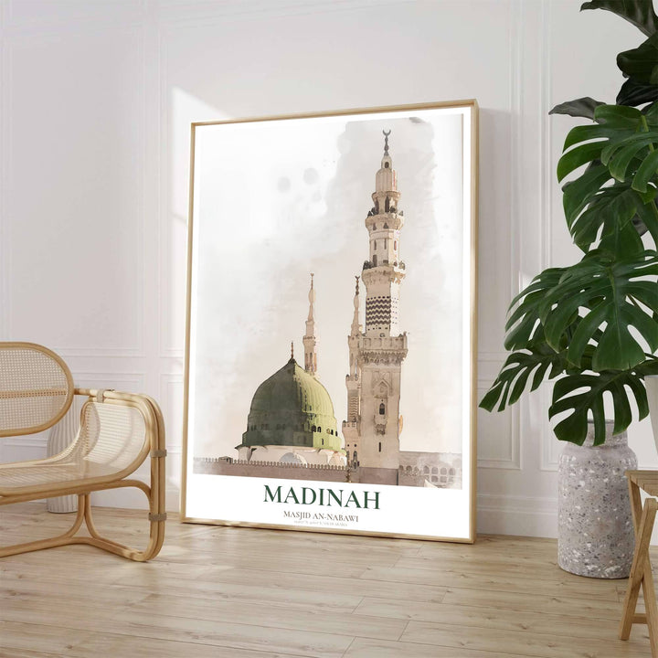 Fine art watercolor poster of the Prophet Mosque in Medina showing the Green Dome and soaring minarets in delicate wash textures. Crafted by MapYourDreams, this artwork is available in flexible options including unframed paper, custom wooden frames, and gallery canvas wraps to suit your wall decor.