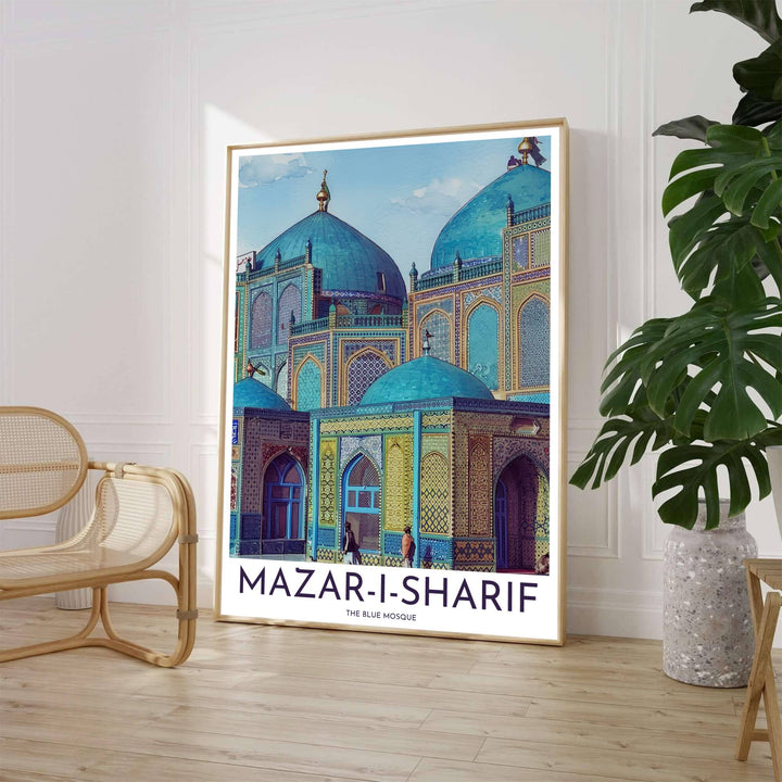 High detail travel poster of the Mazar-i-Sharif Blue Mosque in Afghanistan showing overlapping turquoise domes and golden finials. Crafted by MapYourDreams, this artwork is available in flexible options including unframed paper, custom wooden frames, and gallery canvas wraps to suit your wall decor.