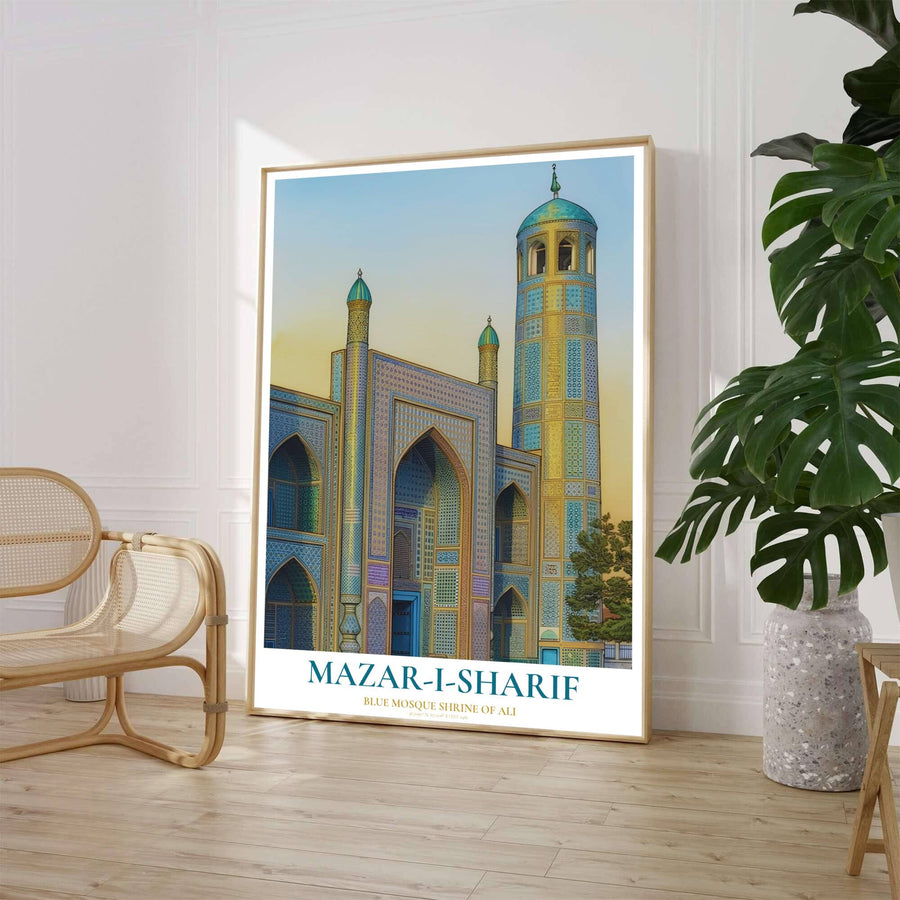 Fine art poster depicting the Mazar-i-Sharif Blue Mosque in Afghanistan showing complex tile patterns and a tall illuminated minaret. Crafted by MapYourDreams, this artwork is available in flexible options including unframed paper, custom wooden frames, and gallery canvas wraps to suit your wall decor.