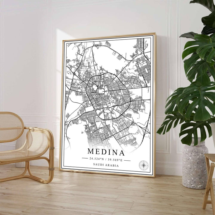 High detail vector street map print of Medina Saudi Arabia displaying concentric ring roads and urban layout in sleek black line art. Crafted by MapYourDreams, this artwork is available in flexible options including unframed paper, custom wooden frames, and gallery canvas wraps to suit your wall decor.