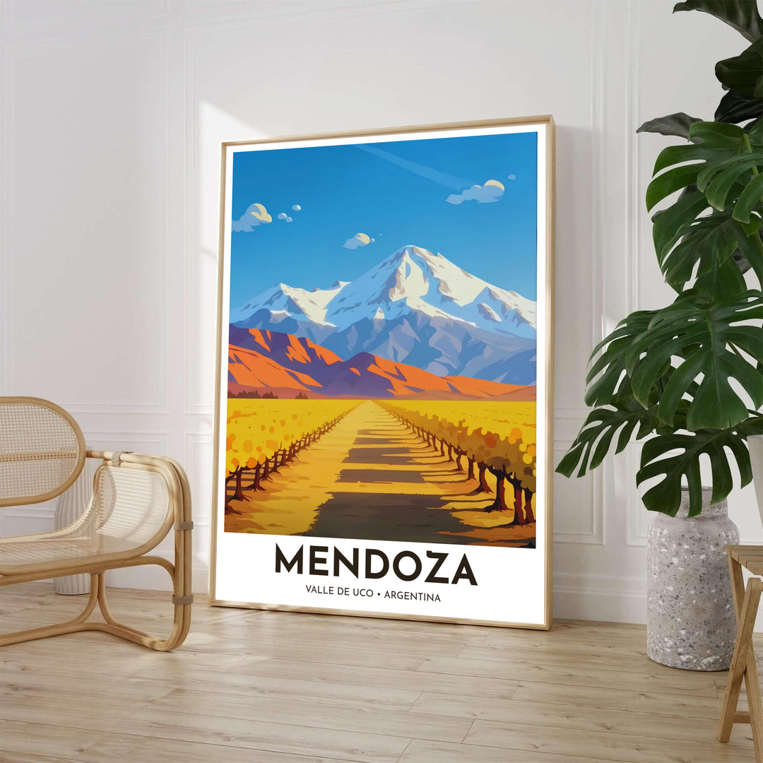 Wine country landscape wall decor depicting golden autumn grapevines and towering mountain peaks in Mendoza, Argentina. Available through MapYourDreams, customers can select from fine art paper, handcrafted timber frames, or stretched canvas options.