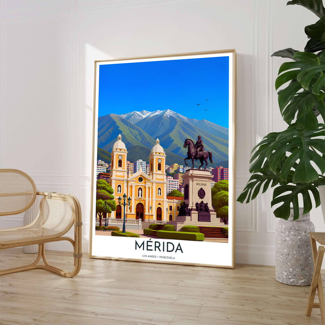 Andes mountains and Plaza Bolívar architecture print depicting colonial cathedral domes, manicured gardens, and mountain peaks in Mérida. Available through MapYourDreams, customers can select from fine art paper, handcrafted timber frames, or stretched canvas options.
