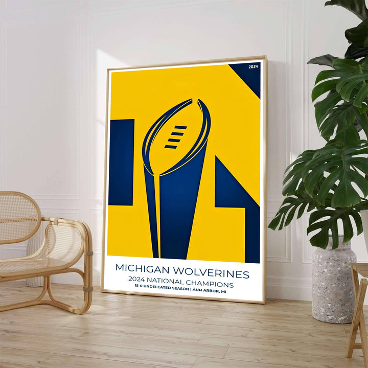 Bold sports poster honoring University of Michigan Wolverines 15-0 undefeated championship season with national trophy graphic. Crafted by MapYourDreams, this artwork is available in flexible options including unframed paper, custom wooden frames, and gallery canvas wraps to suit your wall decor.