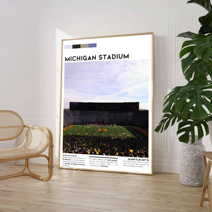 College football stadium poster of The Big House in Ann Arbor Michigan displaying Packed stands and field turf. Crafted by MapYourDreams, this artwork is available in flexible options including unframed paper, custom wooden frames, and gallery canvas wraps to suit your wall decor.