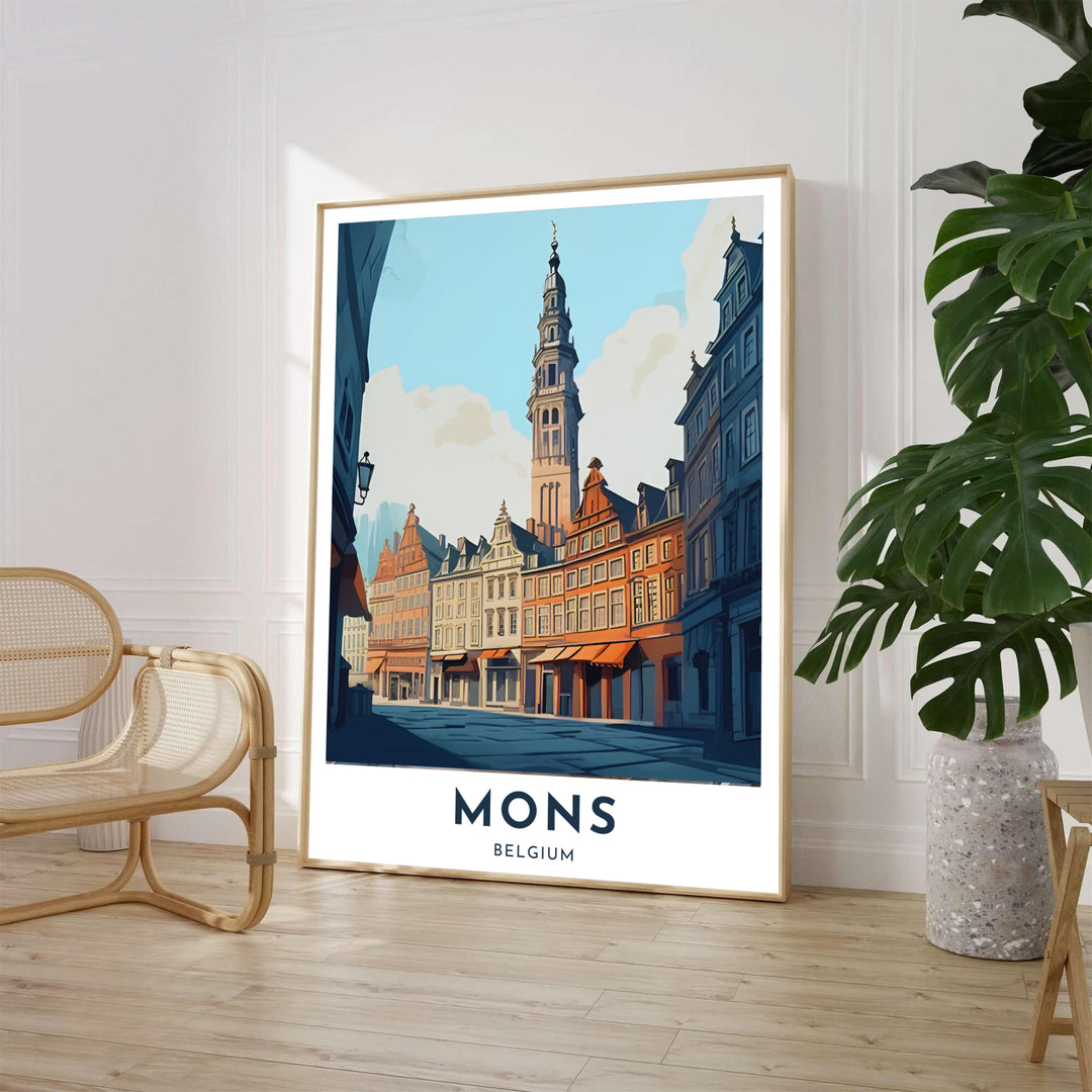 Vintage style cityscape poster depicting sunny cobblestone streets and architectural gables in Mons, Belgium. Available from MapYourDreams in various choices like standalone unframed paper, tailored wooden frames, and gallery-wrapped canvas options.