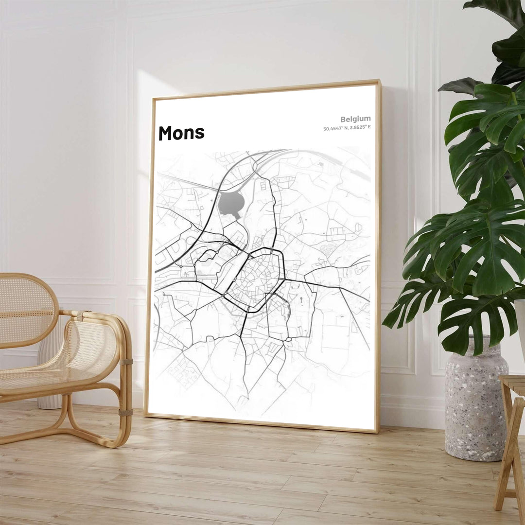 Modern monochrome cartography wall print displaying the urban street layout and ring roads of Mons, Belgium, with crisp typography. Offered by MapYourDreams, this artwork is available in flexible options including unframed paper, custom wooden frames, and gallery canvas wraps.