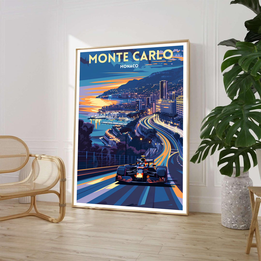 A dramatic Monte Carlo Grand Prix travel poster featuring a race car speeding along the illuminated coastal track in Monaco under a vibrant twilight sky, showcasing glowing streetlights and luxury buildings; available as a framed print, unframed poster, or gallery-wrapped canvas print.