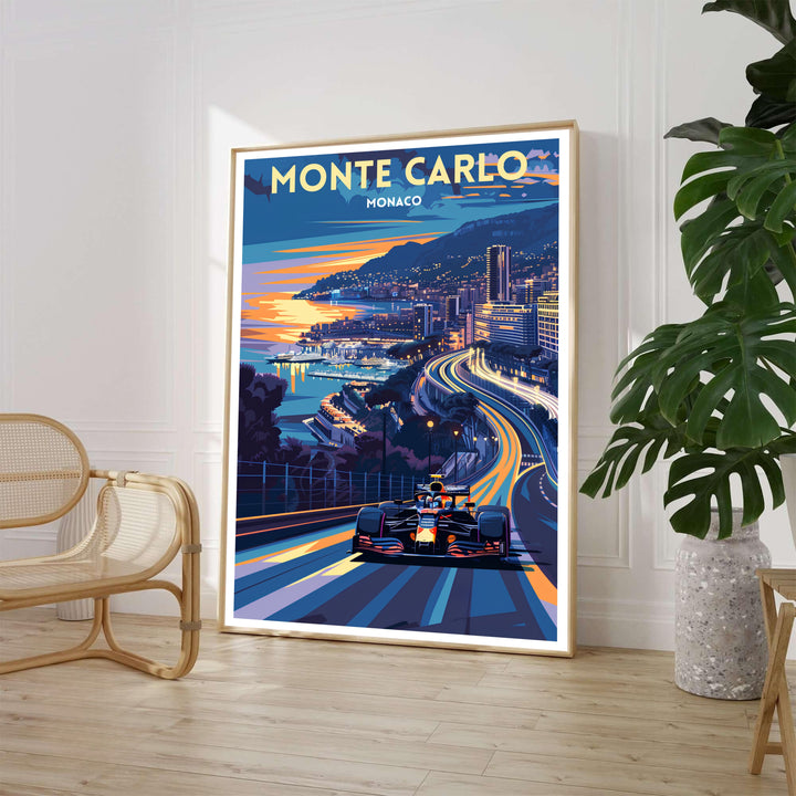A dramatic Monte Carlo Grand Prix travel poster featuring a race car speeding along the illuminated coastal track in Monaco under a vibrant twilight sky, showcasing glowing streetlights and luxury buildings; available as a framed print, unframed poster, or gallery-wrapped canvas print.