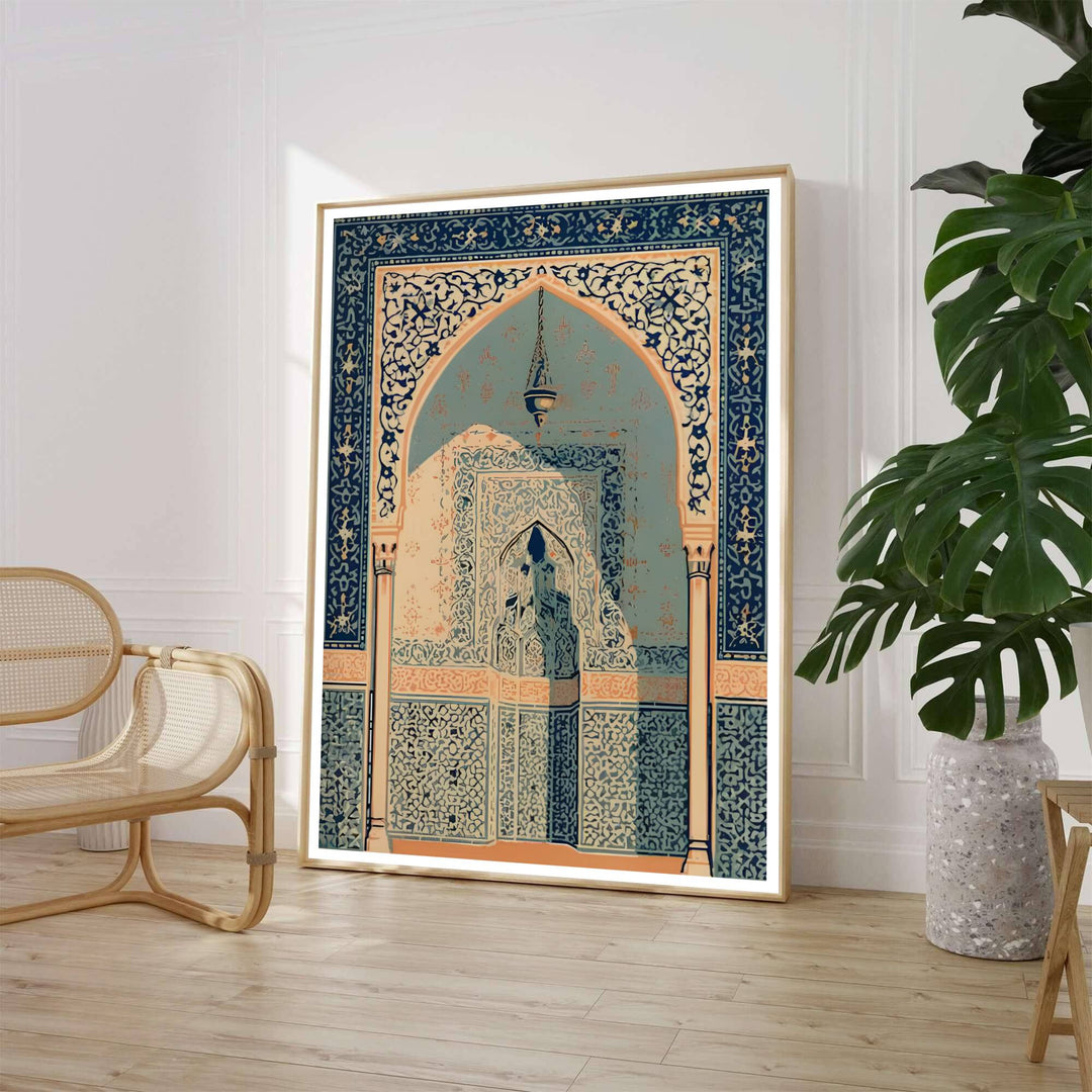 Detailed architectural poster of an Andalusian keyhole arch with carved arabesque stucco plasterwork and cobalt tile patterns. Crafted by MapYourDreams, this artwork is available in flexible options including unframed paper, custom wooden frames, and gallery canvas wraps to suit your wall decor.
