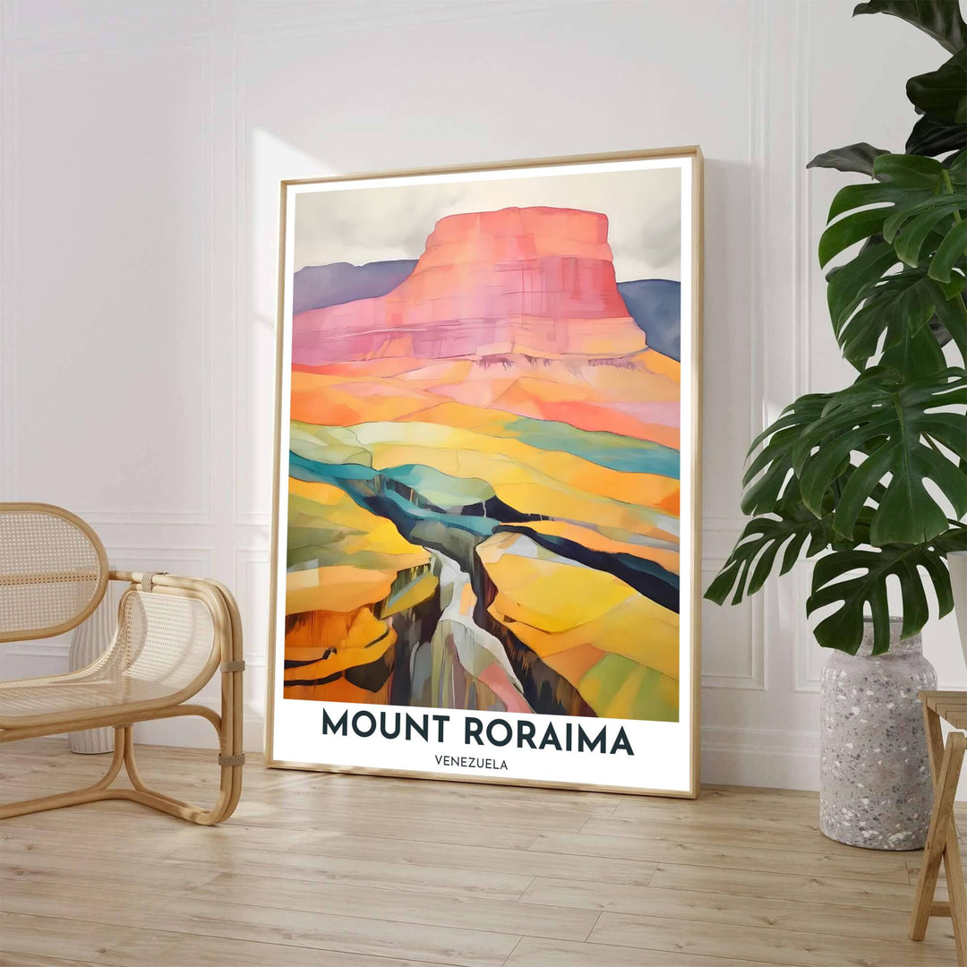 Abstract color block mountain landscape fine art print depicting radiant pink sandstone cliffs, ochre hills, and teal valley lines in Venezuela. Available through MapYourDreams, customers can select from fine art paper, handcrafted timber frames, or stretched canvas options.