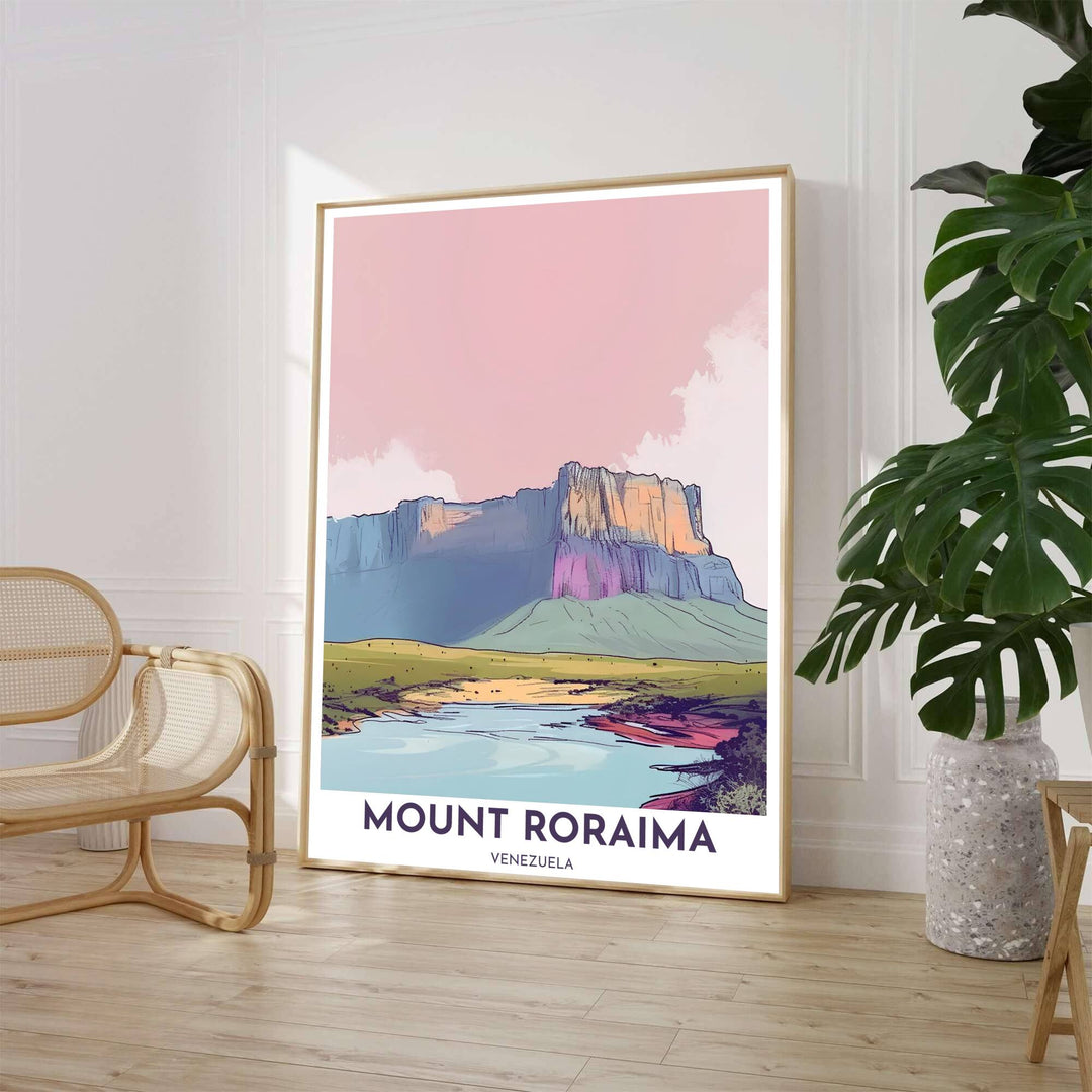 Minimalist tepui mountain landscape illustration print depicting soft pink and slate blue cliff faces above the Gran Sabana valley in Venezuela. Available through MapYourDreams, customers can select from fine art paper, handcrafted timber frames, or stretched canvas options.