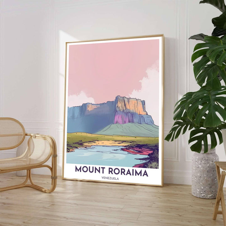 Minimalist tepui mountain landscape illustration print depicting soft pink and slate blue cliff faces above the Gran Sabana valley in Venezuela. Available through MapYourDreams, customers can select from fine art paper, handcrafted timber frames, or stretched canvas options.