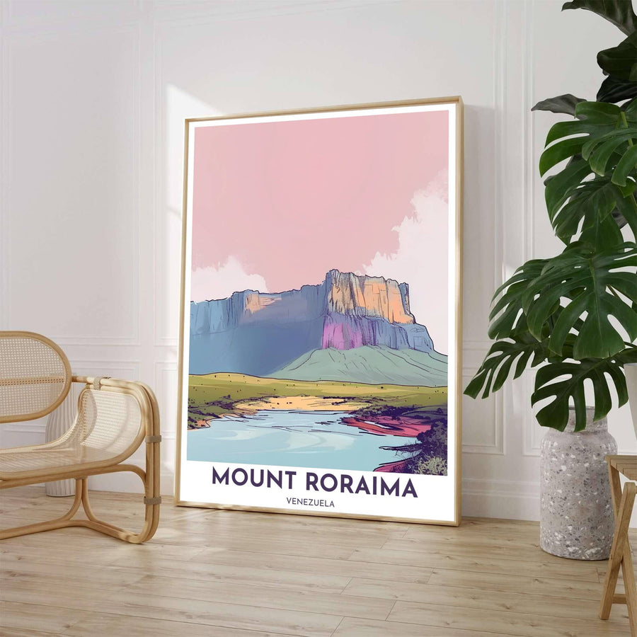 Minimalist tepui mountain landscape illustration print depicting soft pink and slate blue cliff faces above the Gran Sabana valley in Venezuela. Available through MapYourDreams, customers can select from fine art paper, handcrafted timber frames, or stretched canvas options.