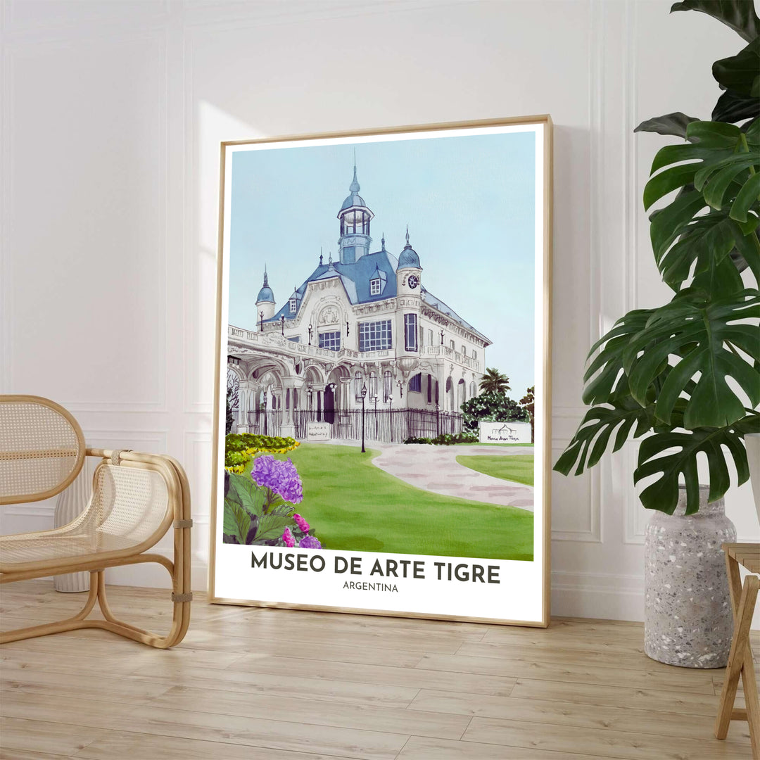 Elegant French architecture wall decor displaying the Museo de Arte Tigre in Buenos Aires framed by manicured lawns and blooming flowers. Available through MapYourDreams, customers can select from fine art paper, handcrafted timber frames, or stretched canvas options.