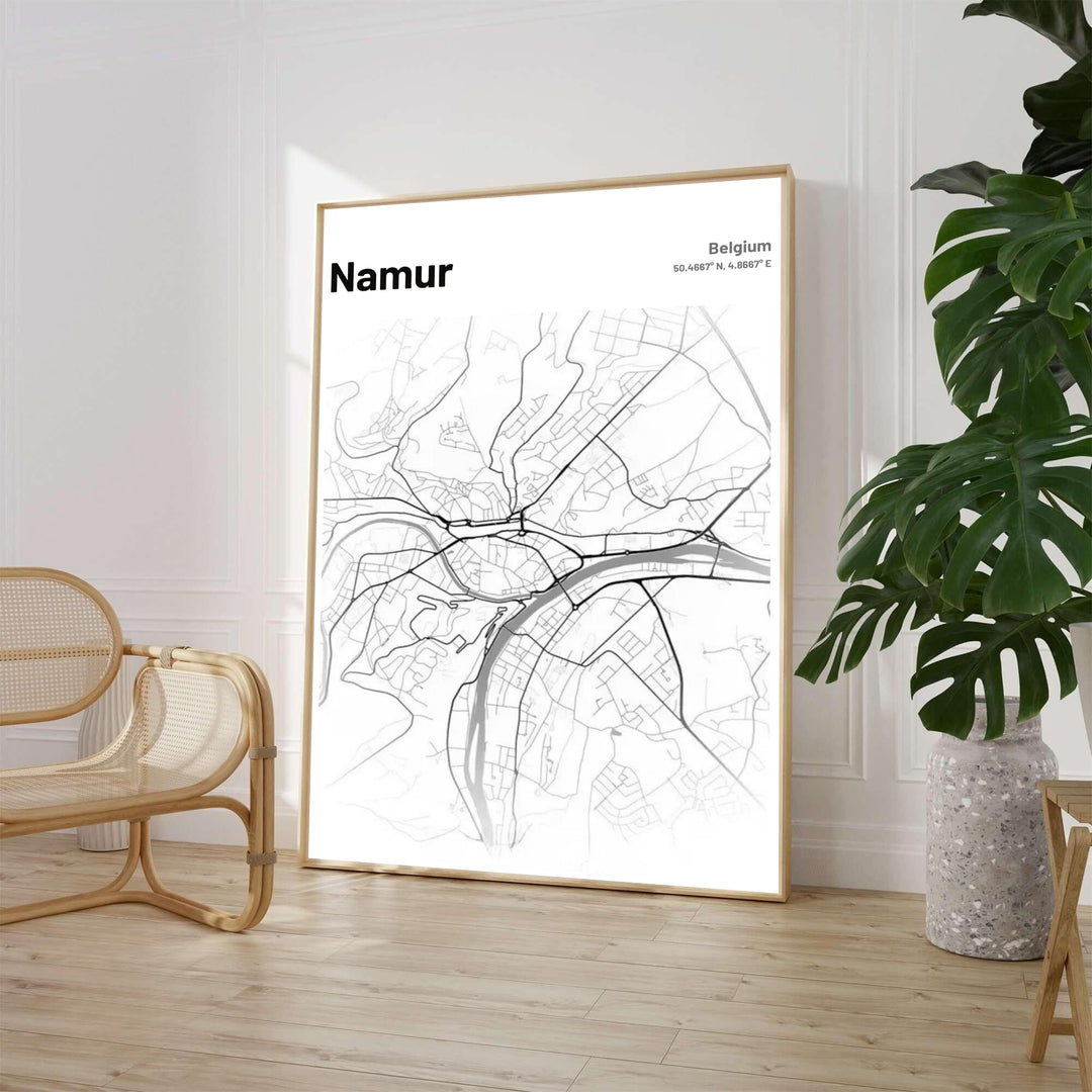 Modern monochrome cartography wall print displaying the urban layout, river bends, and road networks of Namur, Belgium, with crisp modern typography. Offered by MapYourDreams, this artwork is available in flexible options including unframed paper, custom wooden frames, and gallery canvas wraps.