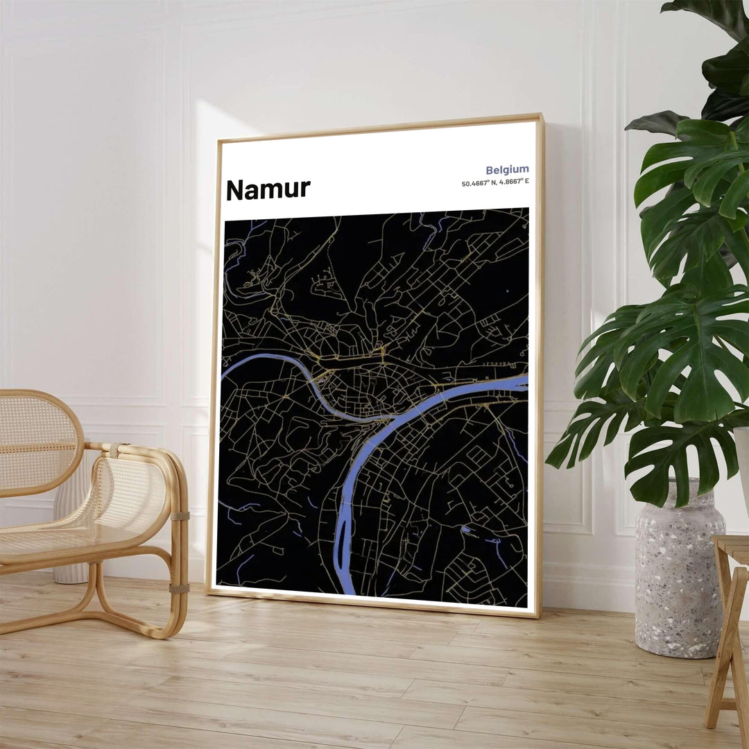 Elegant night aesthetic cartography wall print depicting the street layout and river confluence of Namur, Belgium, with gold and blue highlights. Offered by MapYourDreams, this artwork is available in flexible options including unframed paper, custom wooden frames, and gallery canvas wraps.