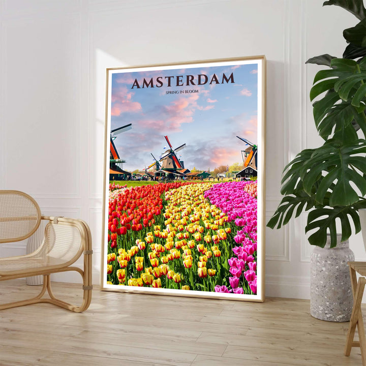 Fine art print showcasing rows of colorful blooming tulips in front of historic Dutch windmills under a soft pastel sky in Amsterdam Netherlands, available at MapYourDreams with product options including unframed art prints, gallery wrapped canvas, and custom frame finishes for dining spaces.