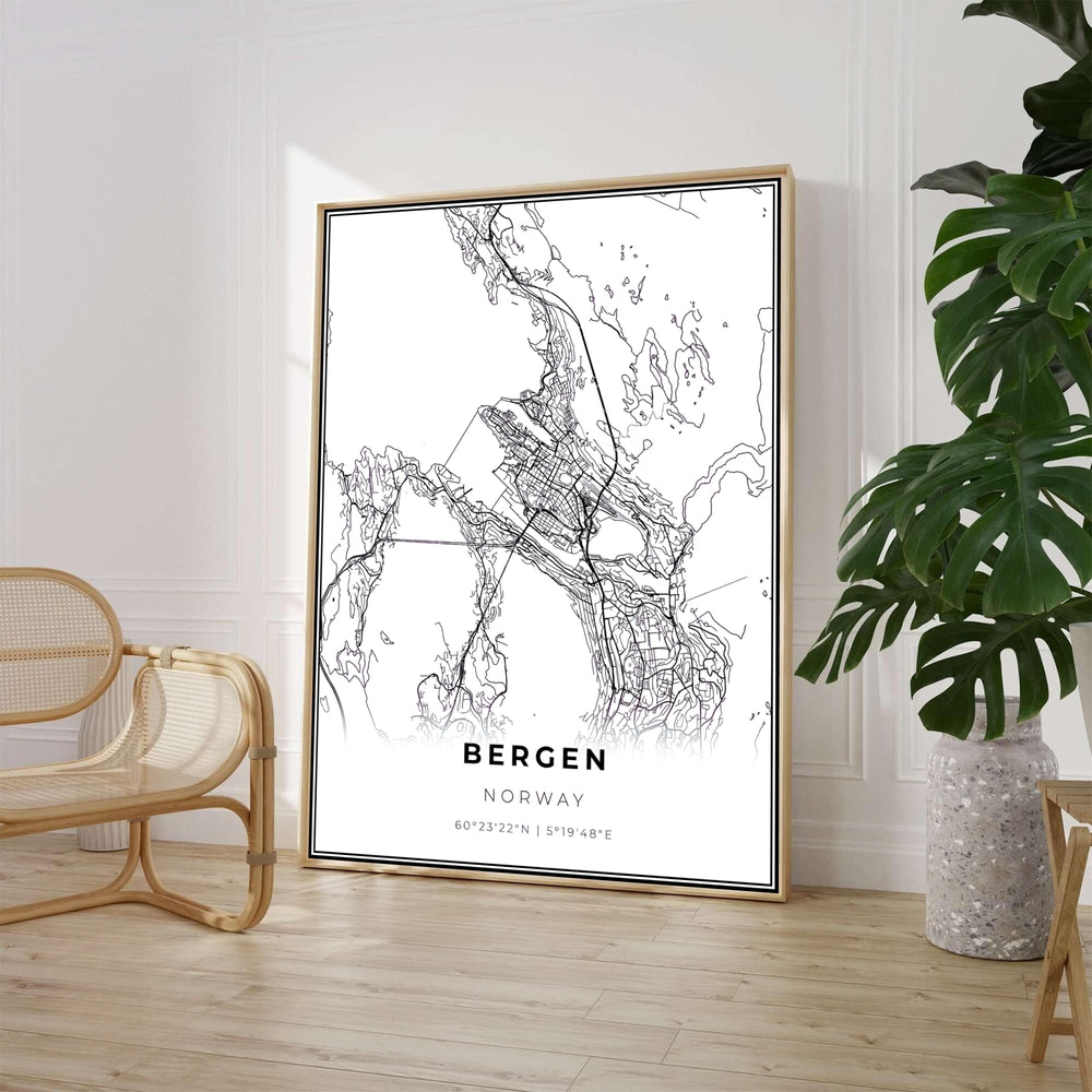 Monochrome cartography artwork displaying the municipal road network and fjord waterways of Bergen Norway in clean graphic lines. Ideal as a primary wall decor centerpiece, this map design offers versatile options including custom wood framed artwork, gallery canvas wraps, and archival unframed prints.