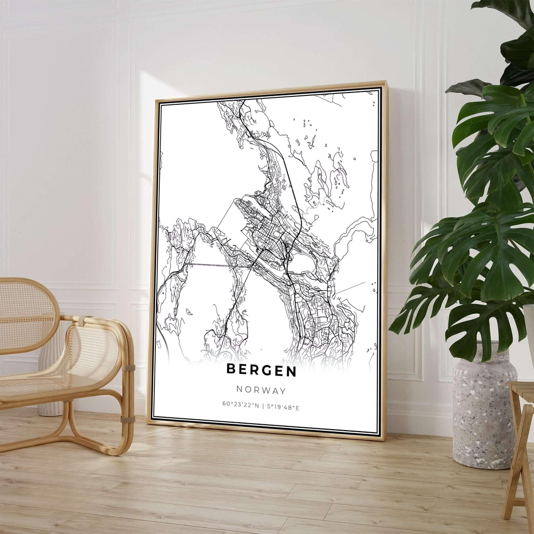 Monochrome cartography artwork displaying the municipal road network and fjord waterways of Bergen Norway in clean graphic lines. Ideal as a primary wall decor centerpiece, this map design offers versatile options including custom wood framed artwork, gallery canvas wraps, and archival unframed prints.