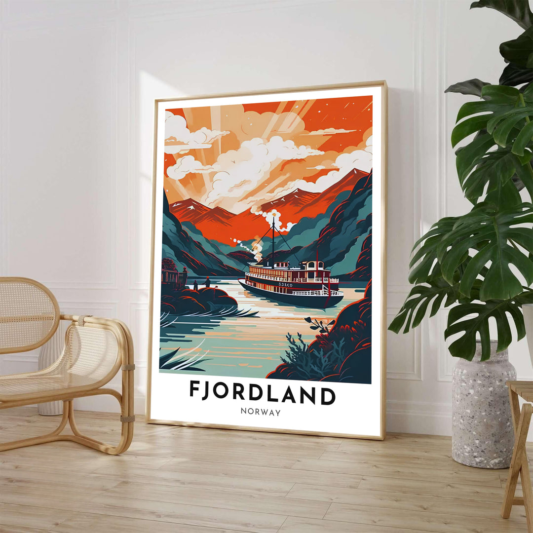 Retro travel poster depicting a steamboat in Fjordland Norway surrounded by terracotta mountain ridges and glowing sunbeams. Ideal for living room wall decor, this art piece is offered in options including custom wood framed artwork, gallery canvas wraps, and archival unframed prints.