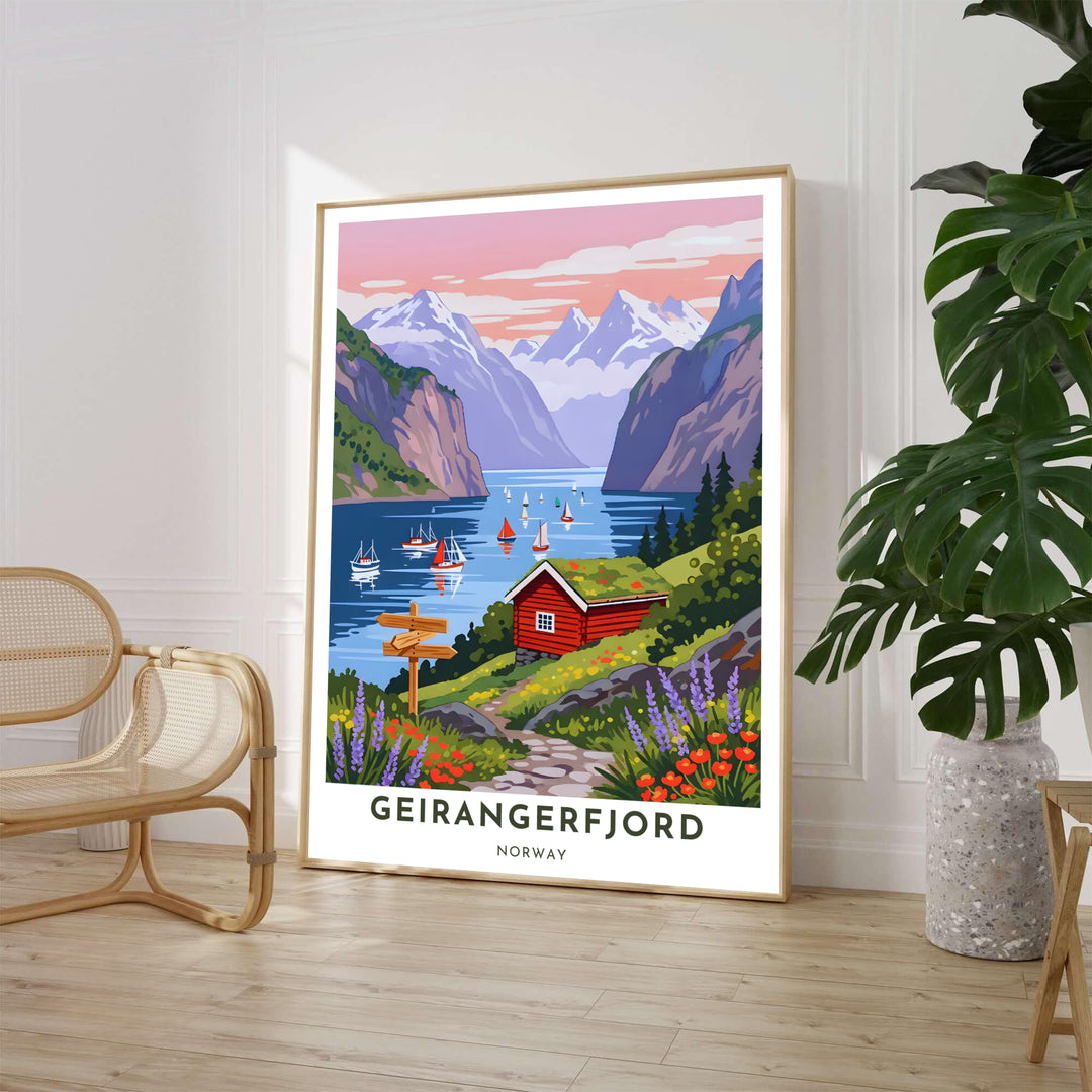 Picturesque Scandinavian landscape poster featuring a red cottage in Geirangerfjord Norway surrounded by wildflowers and calm blue fjord waters during dusk. Ideal for living room wall decor, this art piece is available in options including custom wood framed artwork, gallery canvas wraps, and archival unframed prints.