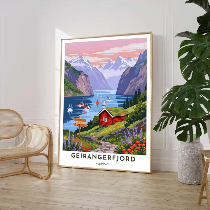 Picturesque Scandinavian landscape poster featuring a red cottage in Geirangerfjord Norway surrounded by wildflowers and calm blue fjord waters during dusk. Ideal for living room wall decor, this art piece is available in options including custom wood framed artwork, gallery canvas wraps, and archival unframed prints.