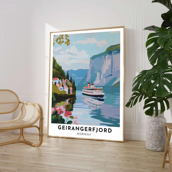 Vintage style travel art depicting a white ferry boat in Geirangerfjord Norway surrounded by steep green slopes, village homes, and pink shore flowers. Ideal for home decor, this artwork is available in options like custom wood framed prints, gallery wrapped canvas, and unframed paper.