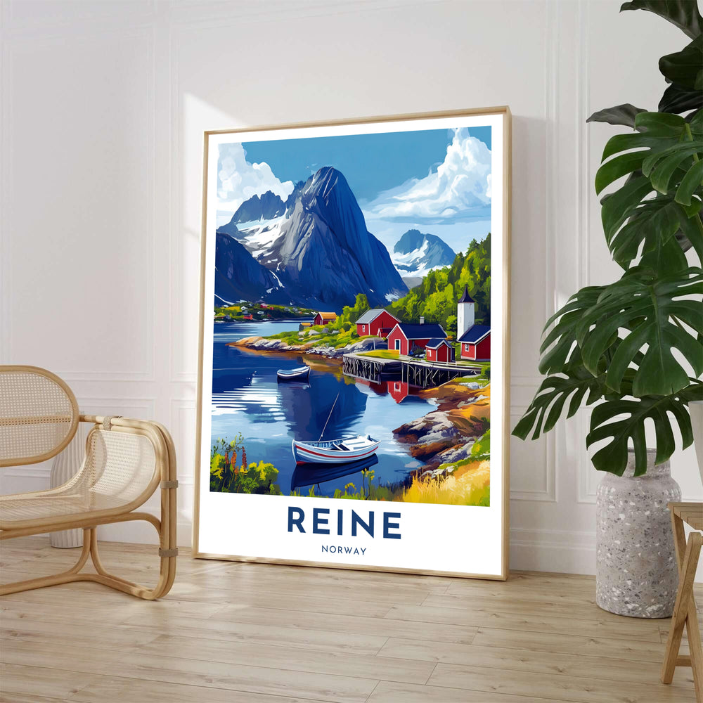 Alpine harbor poster of Reine Norway showcasing traditional crimson waterfront huts, calm fjord waters, and majestic mountain peaks under a cloud-dusted sky. Offered by MapYourDreams, this coastal landscape illustration is available in unframed paper formats, solid wood framed displays, and stretched canvas art.