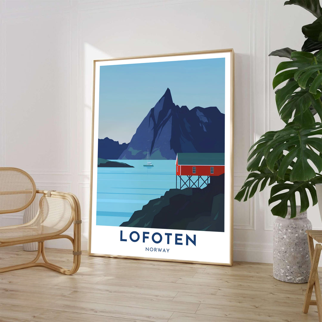 Minimalist Arctic landscape poster showing a solitary crimson fishing cabin on a rocky shore facing a dramatic mountain peak in Lofoten Norway. Produced by MapYourDreams, this Scandinavian artwork comes in versatile options including unframed paper prints, solid wood frames, and stretched canvas art.