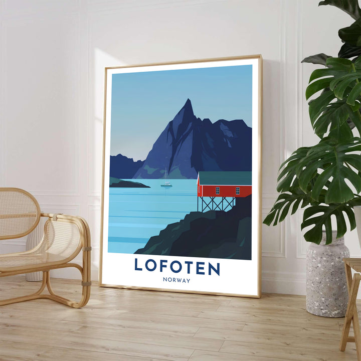 Minimalist Arctic landscape poster showing a solitary crimson fishing cabin on a rocky shore facing a dramatic mountain peak in Lofoten Norway. Produced by MapYourDreams, this Scandinavian artwork comes in versatile options including unframed paper prints, solid wood frames, and stretched canvas art.