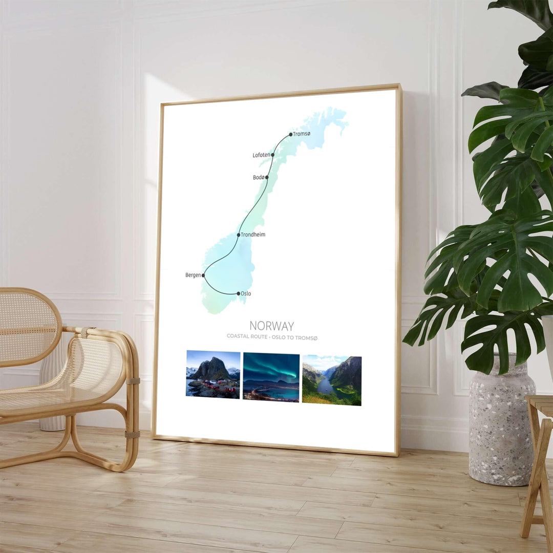 Clean cartographic poster depicting the Norwegian coastal transit line connecting Oslo to Tromsø across a soft green aurora silhouette. Produced by MapYourDreams, this Scandinavian travel art print comes in flexible options including unframed paper formats, solid wood frames, and stretched canvas setups.