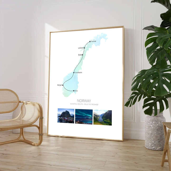 Clean cartographic poster depicting the Norwegian coastal transit line connecting Oslo to Tromsø across a soft green aurora silhouette. Produced by MapYourDreams, this Scandinavian travel art print comes in flexible options including unframed paper formats, solid wood frames, and stretched canvas setups.